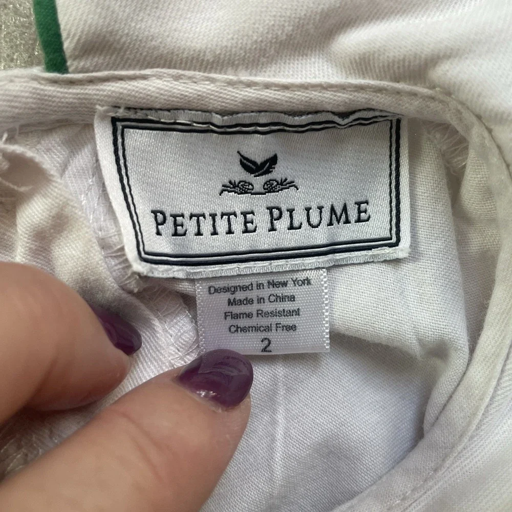 Petite Plume Twill Sophia Nightgown Girls 2 White Green Piping‎ Peter Pan Collar